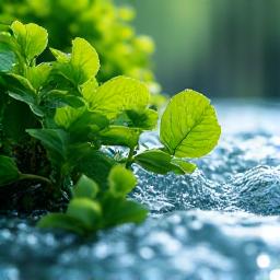 깨끗한 물과 푸른 잎사귀가 조화를 이루는 이미지